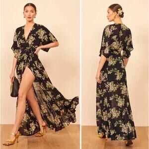 Reformation S arielle black floral wrap maxi dress
